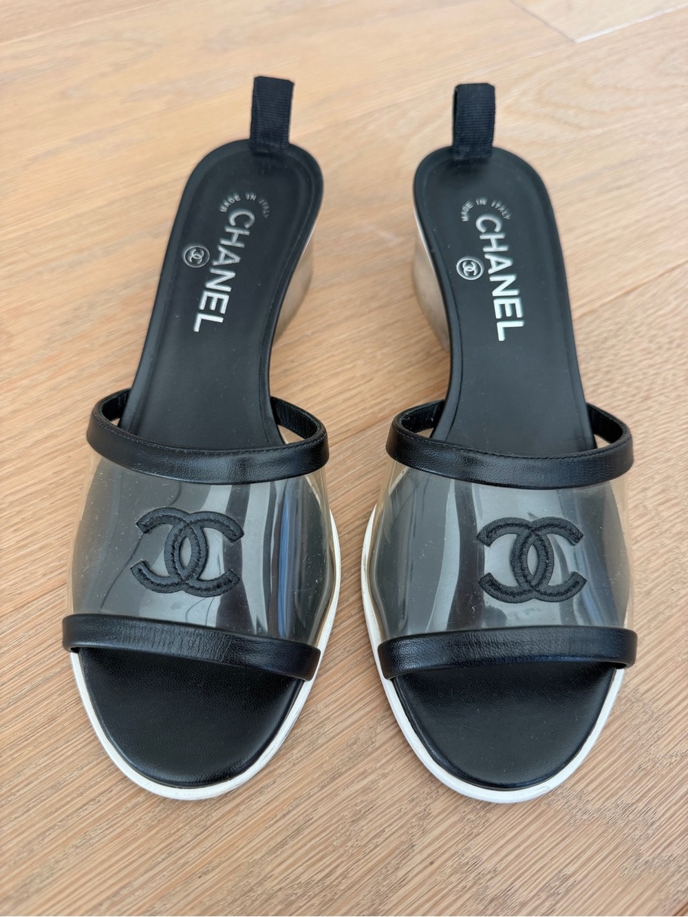 CHANEL Black & Clear PVC CC Logo Mules size 38C